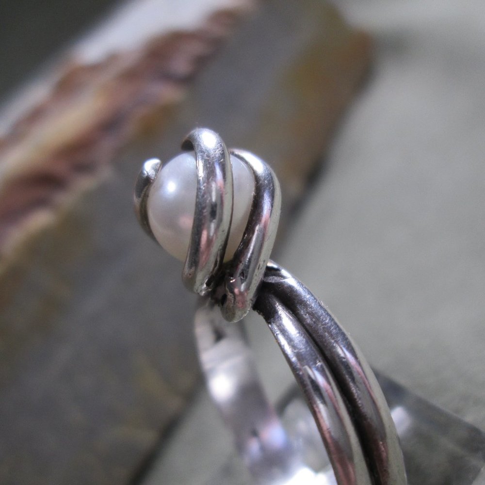 Modernist Pearl Ring Wrapped Sterling Silver Prong
